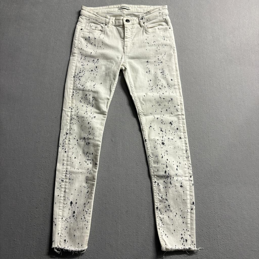 Zara Woman Premium Denim Collection Jeans Size 4 White Paint Splatter Skinny