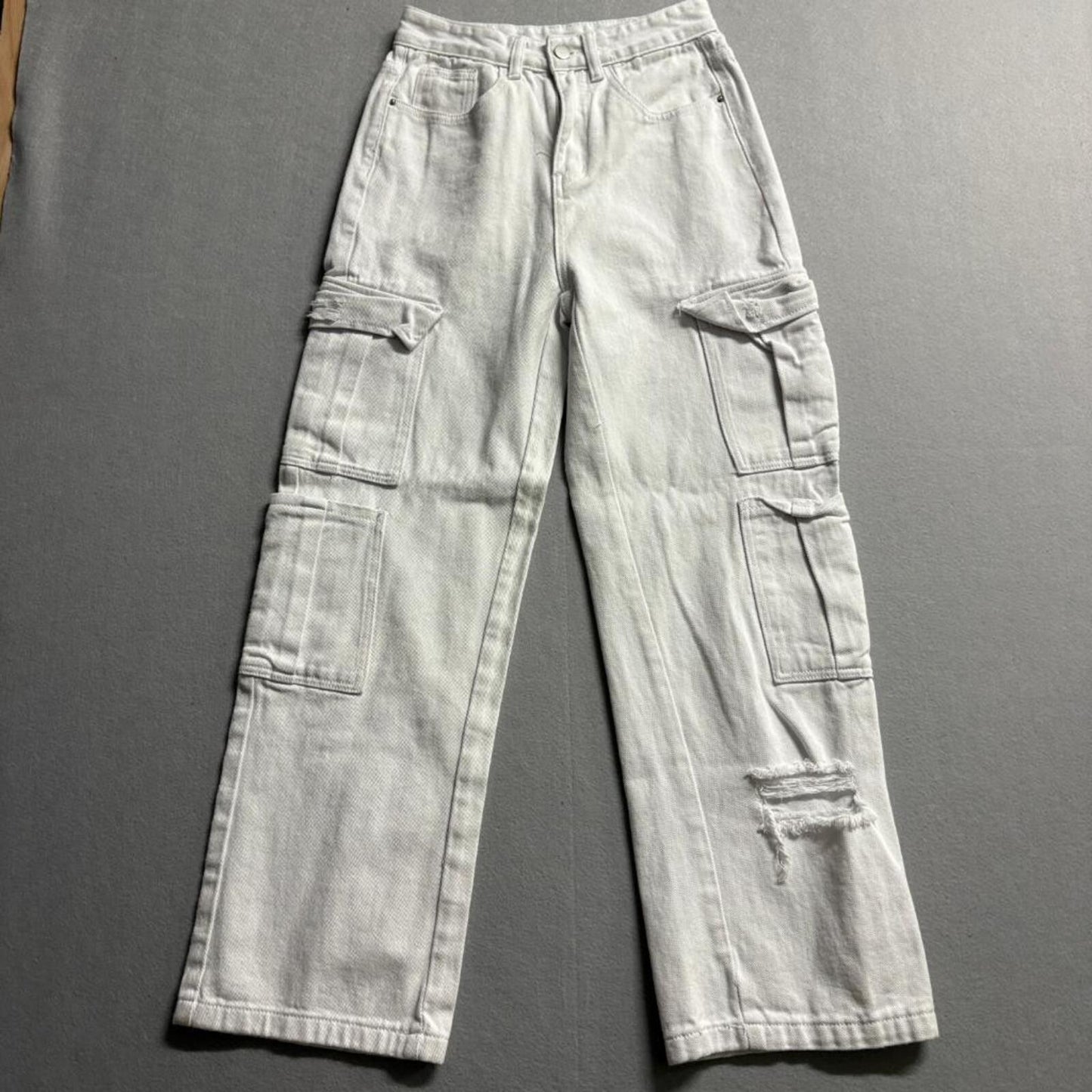 Shein Women Cargo Jeans Size US 2 White Distressed Wide Leg High Rise Denim