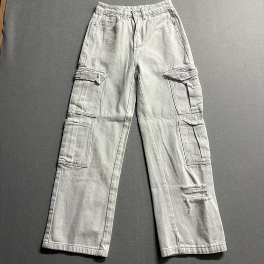 Shein Women Cargo Jeans Size US 2 White Distressed Wide Leg High Rise Denim