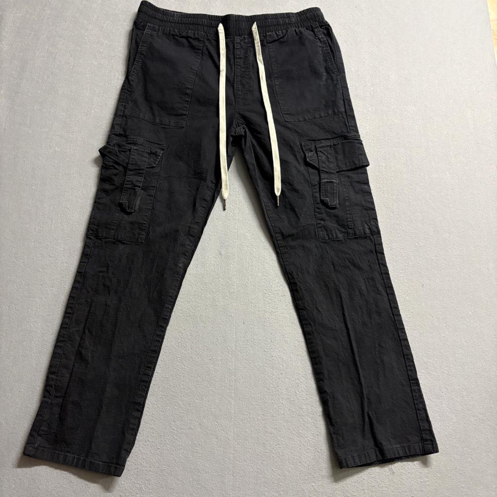 CDMG & Co Mens Cargo Pants Large Black Cotton Drawstring Elastic Waist Casual