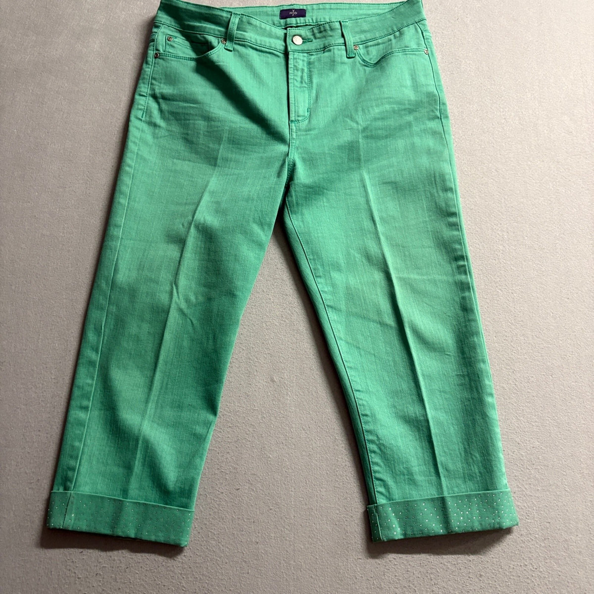 NYDJ Lift Tuck Crop Jeans Womens 14 Green Rhinestone Cuff Stretch Denim Capris