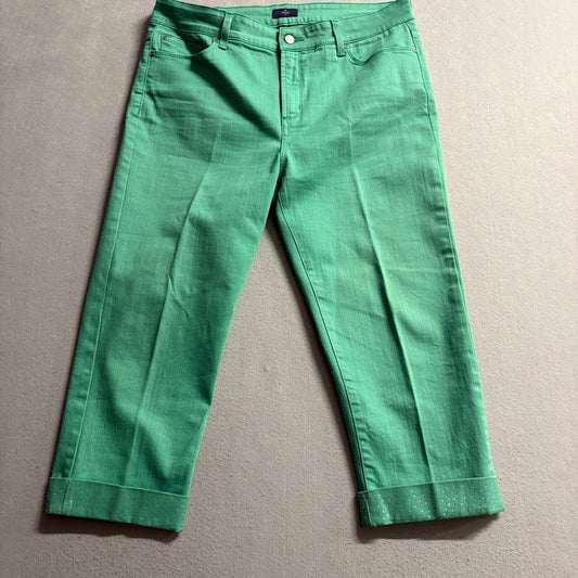 NYDJ Lift Tuck Crop Jeans Womens 14 Green Rhinestone Cuff Stretch Denim Capris