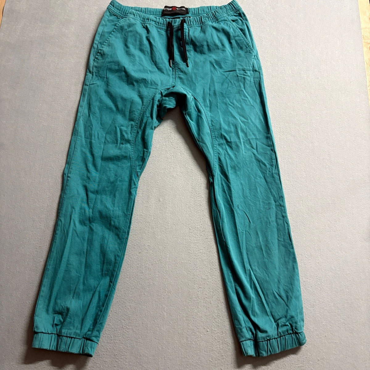 WT02 New York Mens Jogger Pants Medium Teal Green Cotton Stretch Elastic Waist