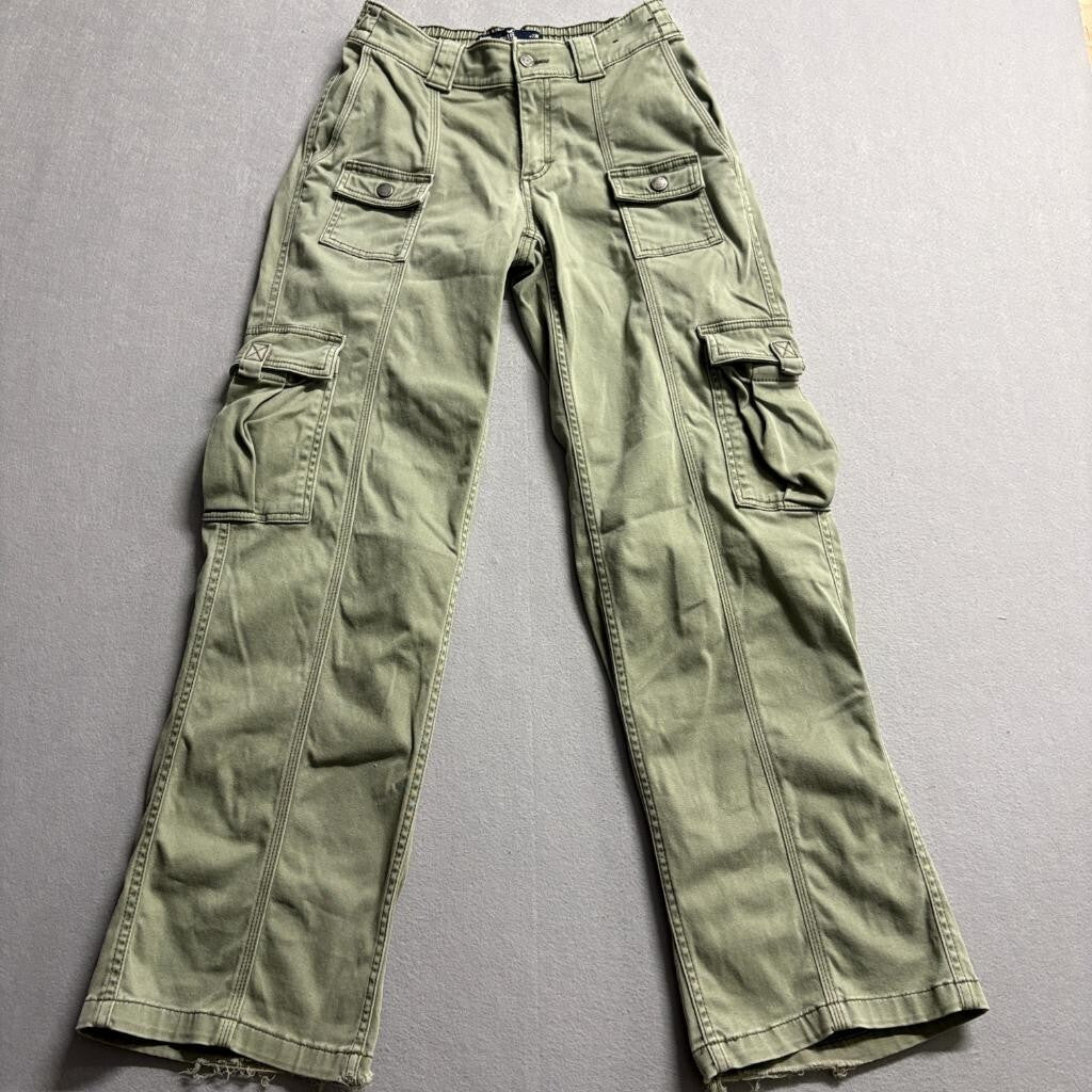 Hollister Low Rise Utility Cargo Pants Womens 23R Green Cotton Blend Wide Leg