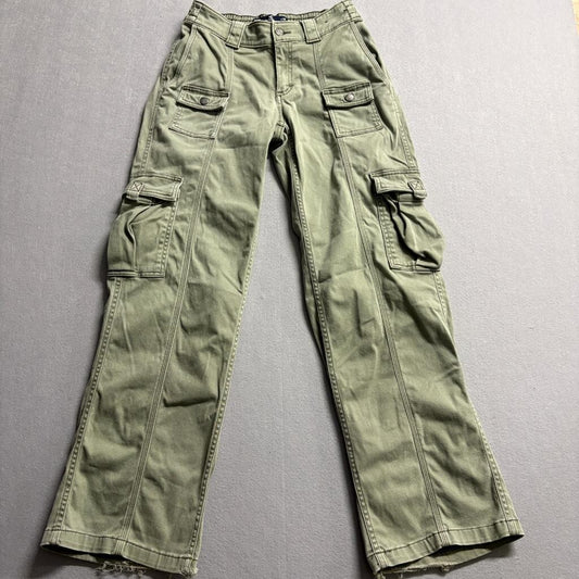 Hollister Low Rise Utility Cargo Pants Womens 23R Green Cotton Blend Wide Leg