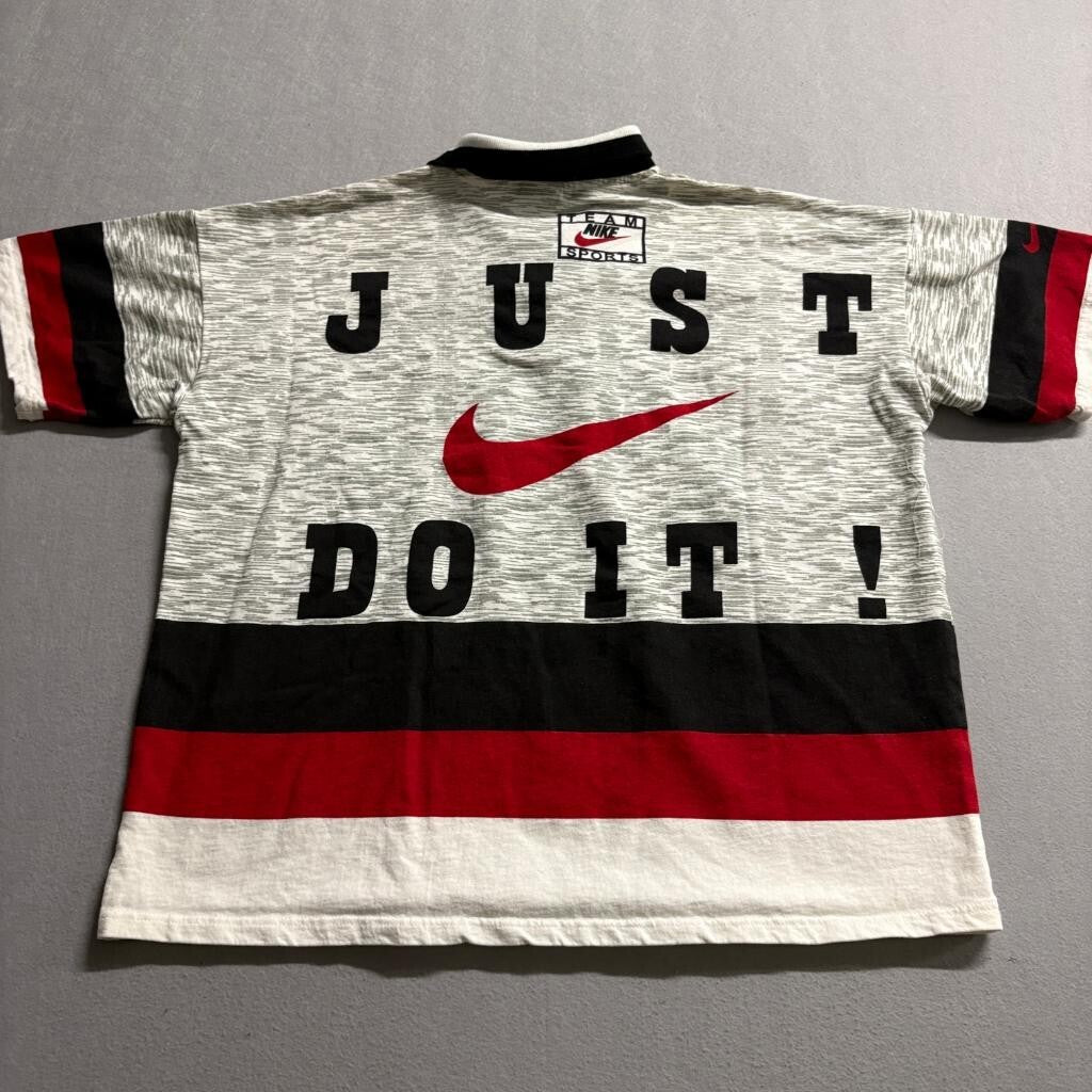 Vintage Nike Polo Shirt Mens Large Gray Red Spell Out Just Do It 90s Streetwear