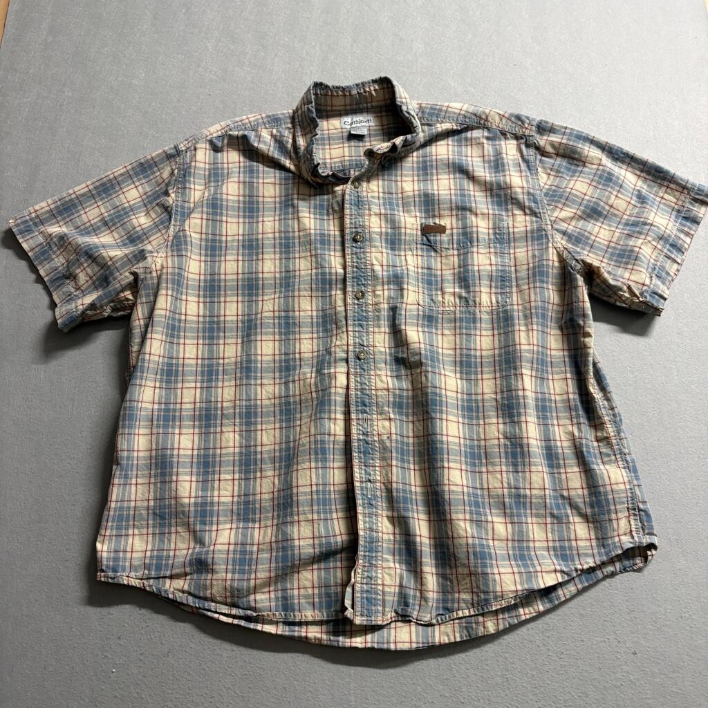Carhartt Plaid Shirt Mens 2XL Blue Beige Red Short Sleeve Cotton Button Up