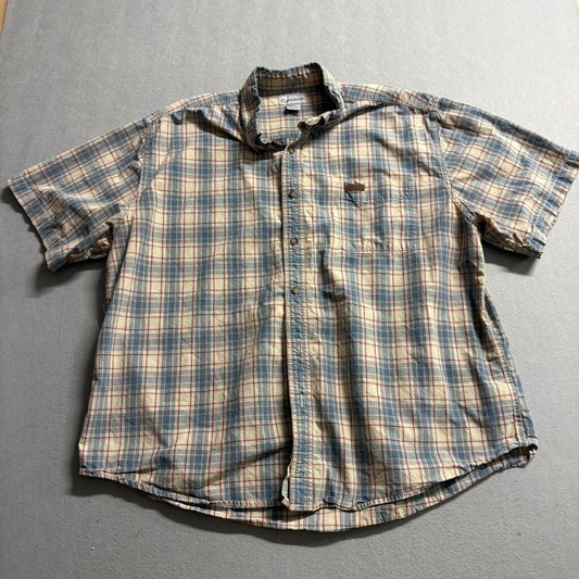 Carhartt Plaid Shirt Mens 2XL Blue Beige Red Short Sleeve Cotton Button Up