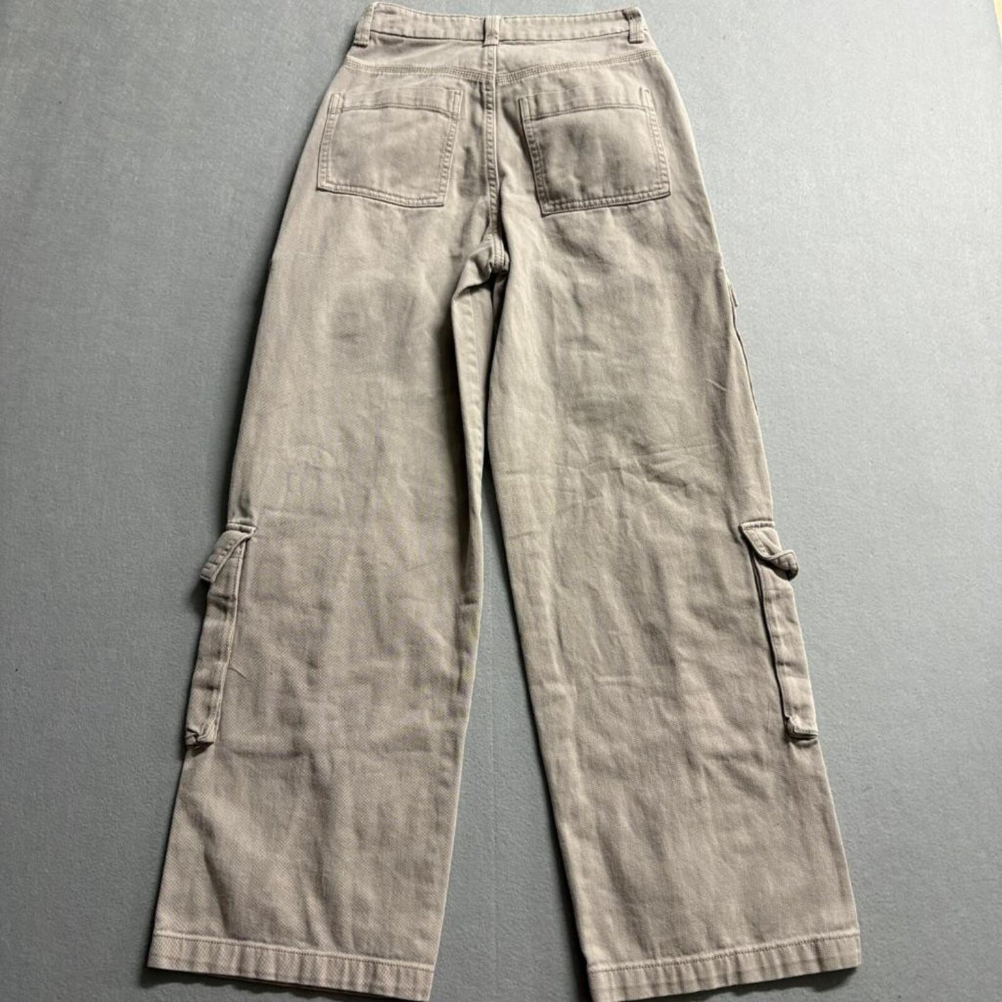 H&M Divided Cargo Pants Womens US 0 Beige Cotton Wide Leg Utility Pockets