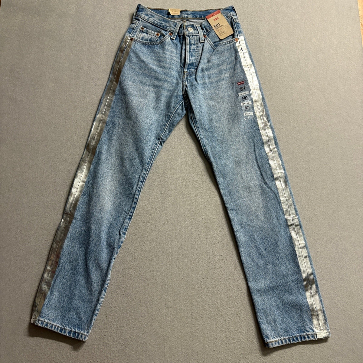 Levi's 501 Original High Rise Straight Leg Jeans Womens 24 x 30 Silver Stripe