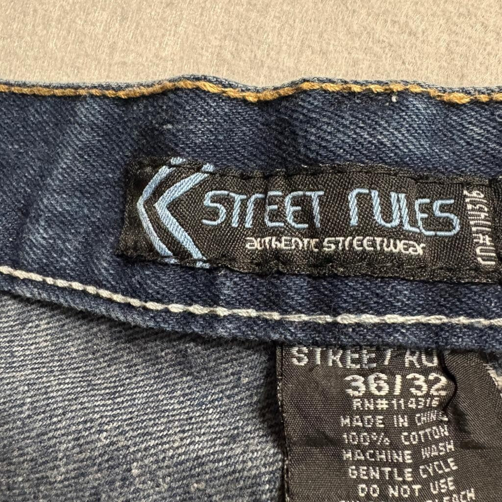 Street Rules Mens Jeans 36x32 Distressed Patchwork Denim Hip Hop Streetwear Blue