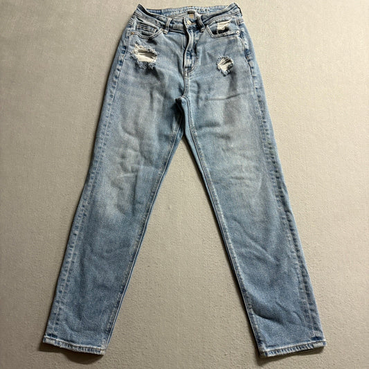 American Eagle Mom Jeans Womens Size 0 Blue Distressed Stretch Denim High Rise