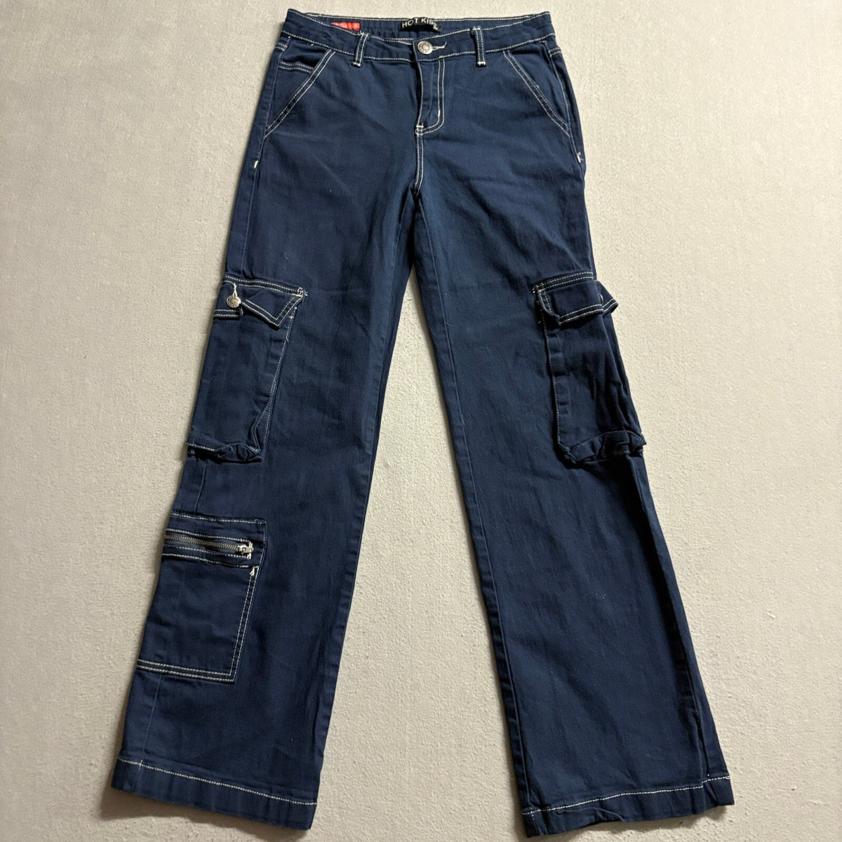 Hot Kiss Cargo Pants Womens 5 Navy Blue Mid Rise Wide Leg Contrast Stitch Y2K