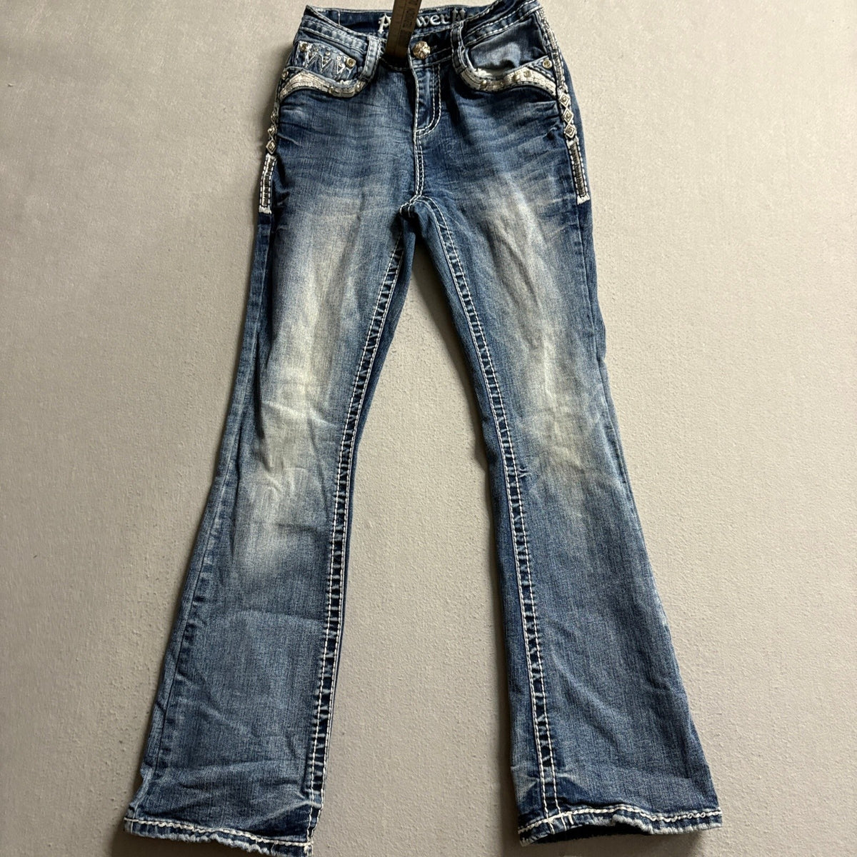 Answer Me Bootcut Jeans Womens 3/30 Blue Denim Thick Stitch Rhinestone Cross Y2K