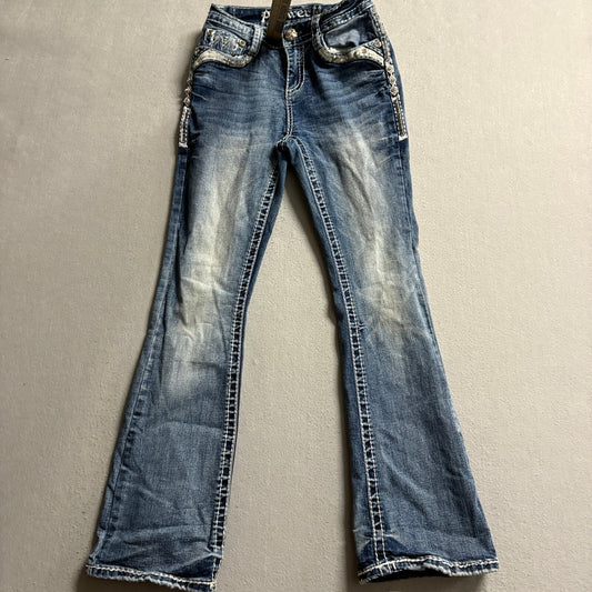 Answer Me Bootcut Jeans Womens 3/30 Blue Denim Thick Stitch Rhinestone Cross Y2K