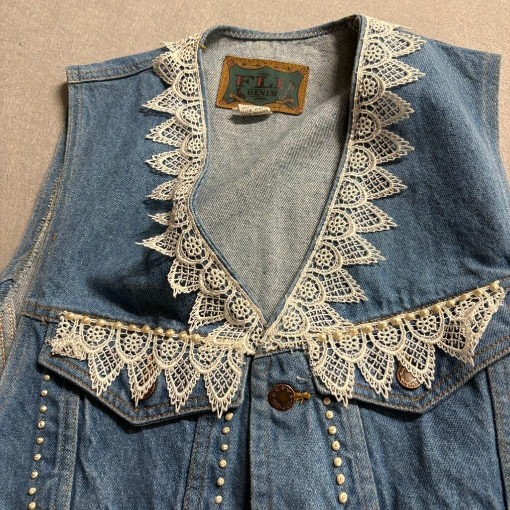 FLD Denim Vintage Womens Large Blue Jean Vest Lace Trim Faux Pearl Studded USA