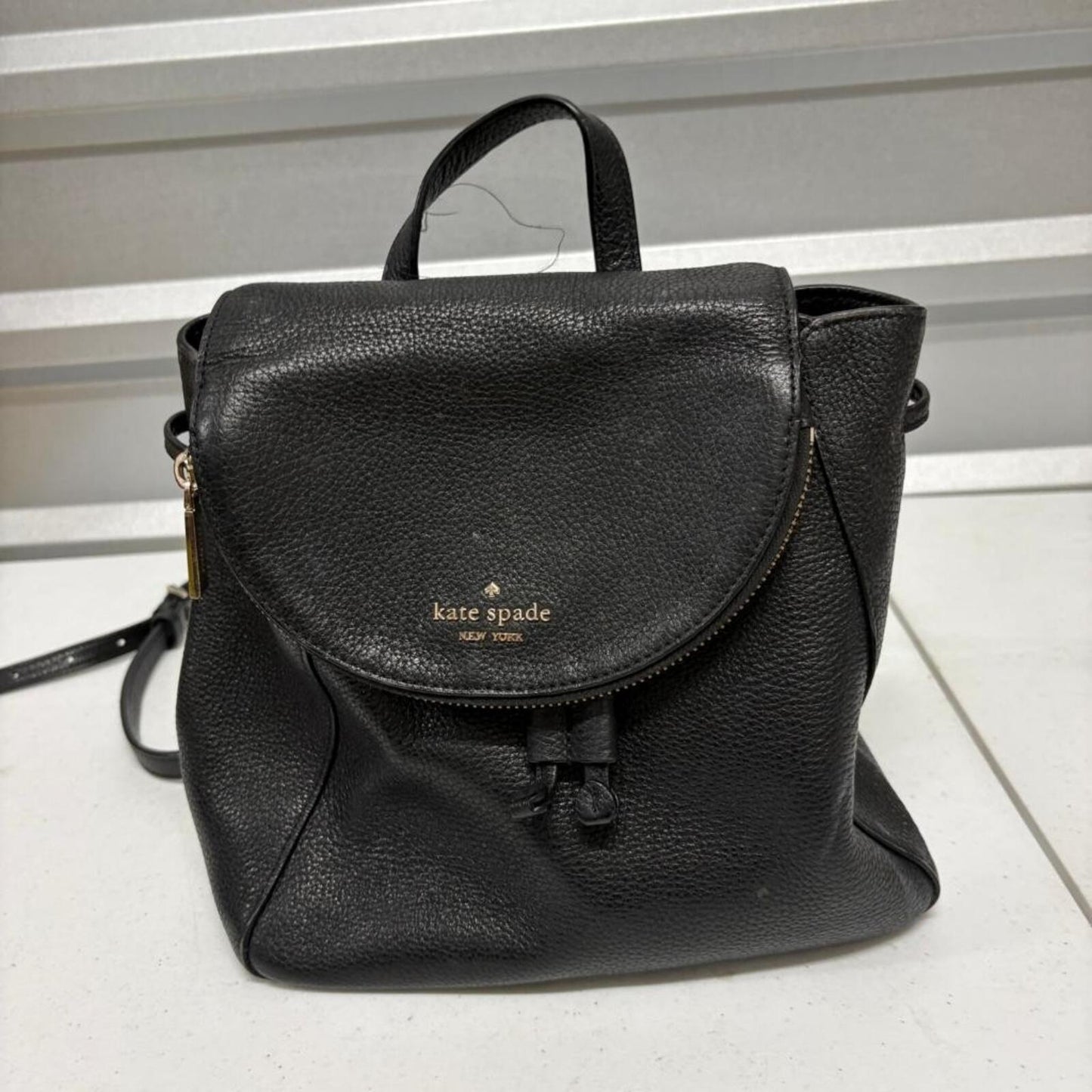Kate Spade New York Black Pebbled Leather Backpack Small Drawstring Flap Bag