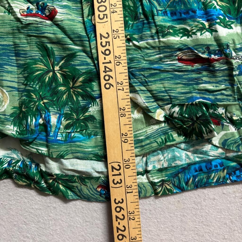 Sunset Highway Hawaiian Shirt Mens XL Green Rayon Tropical Palm Tree Boat Nepal