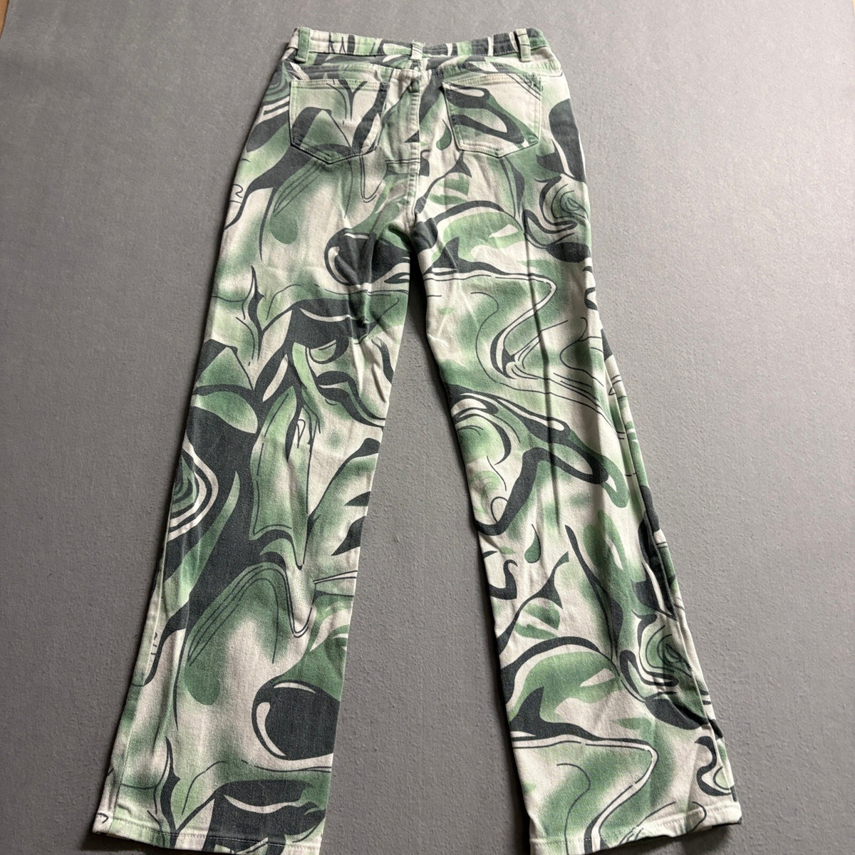 Abstract Swirl Print Straight Leg Jeans Womens Size 26 High Rise Green White