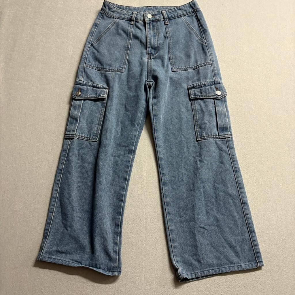 Cider Cargo Jeans Womens Small Blue Denim Wide Leg High Rise Utility Pockets
