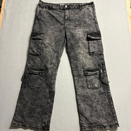 VIP Jeans Womens Plus Size 21/22 Black Acid Wash Cargo Jeans Wide Leg Stretch