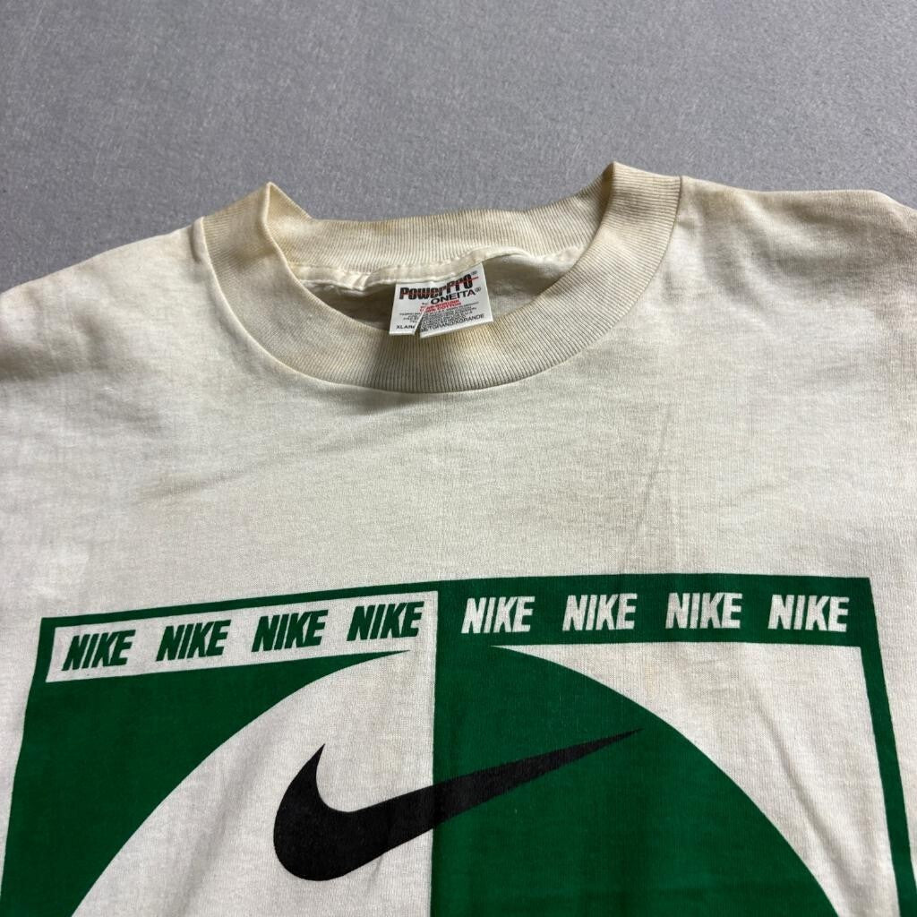 Vintage 90s Nike Graphic T-Shirt Mens XL White Green Swoosh Oneita Power-Pro