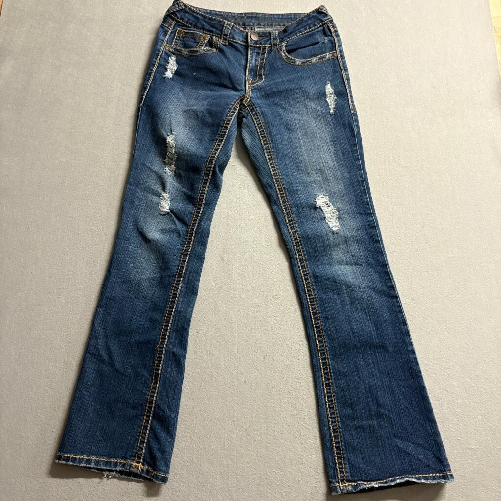 Lola Jeans Womens Size 7/8 Distressed Bootcut Blue Denim Thick Stitch Y2K