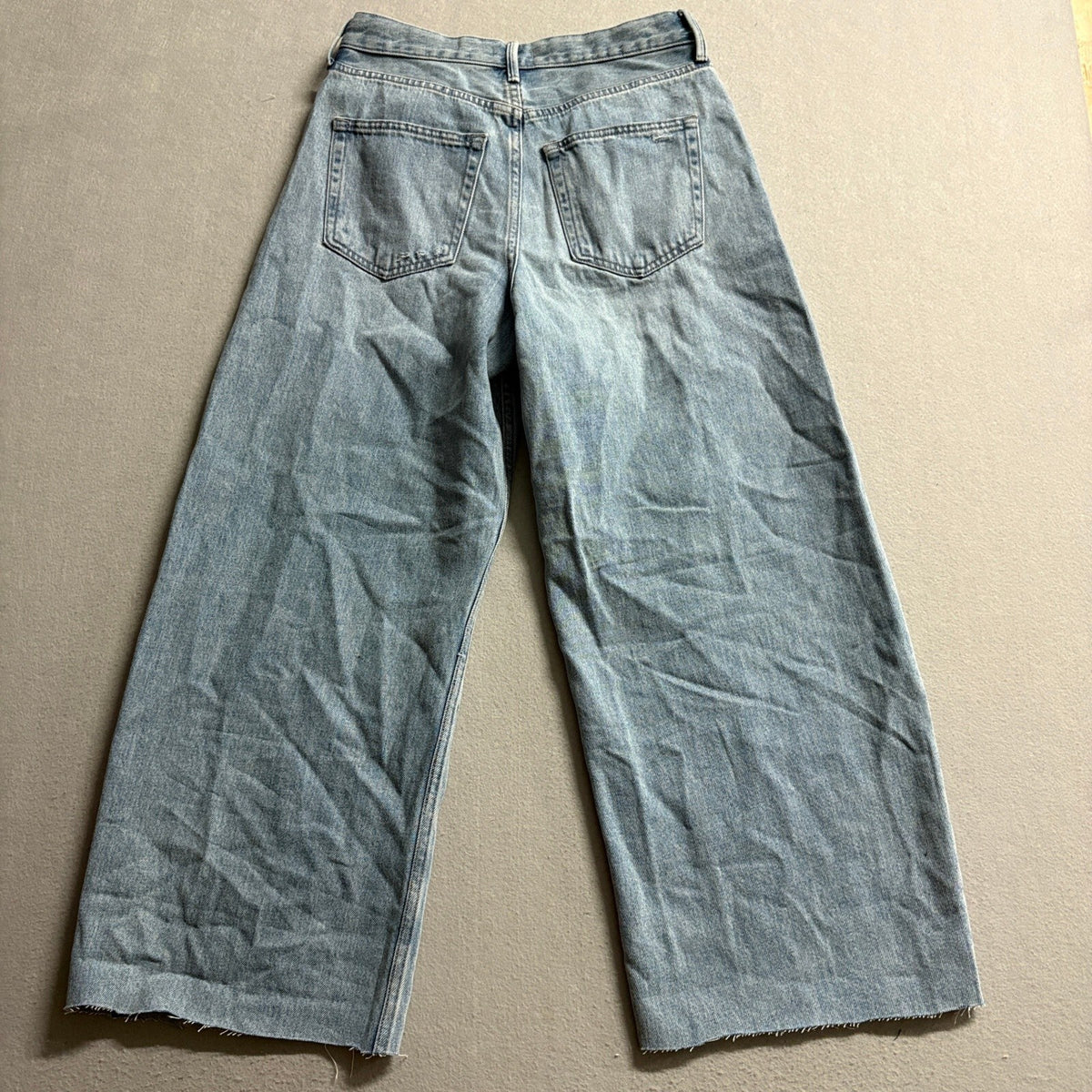 Uniqlo Jeans Womens 25 Wide Fit Tapered Blue Denim Distressed Raw Hem 24 Inseam