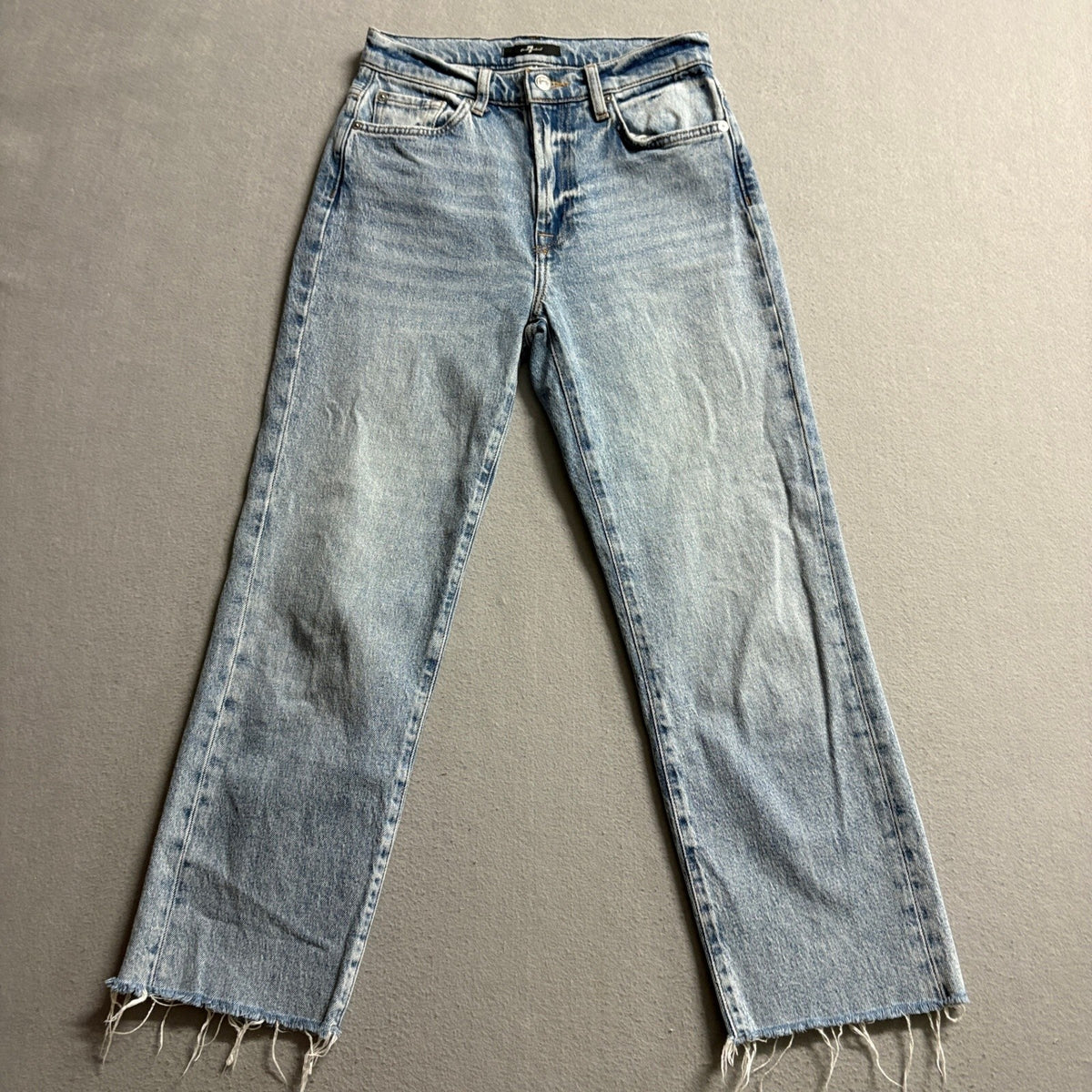 7 For All Mankind Logan Stovepipe Fringe Hem Jeans Womens 25 Light Wash Denim