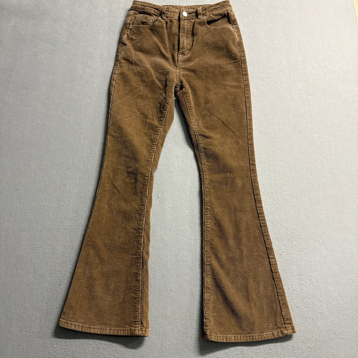 SHEIN Womens Corduroy Flare Pants Brown High Waist Bell Bottom Stretch Size