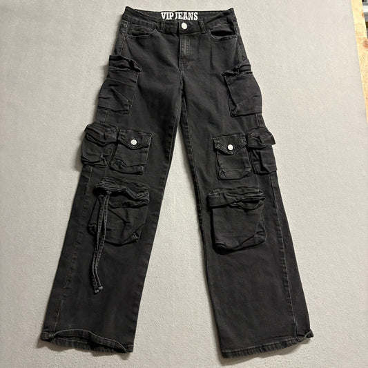 VIP Jeans Womens Size S 27 Black Multi Pocket Cargo Denim Pants Stretch Wide Leg