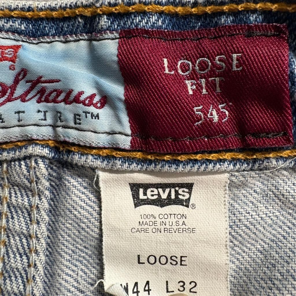 Vintage Levis 545 Orange Tab Jeans Mens 44x32 Made in USA Loose Fit Light Wash