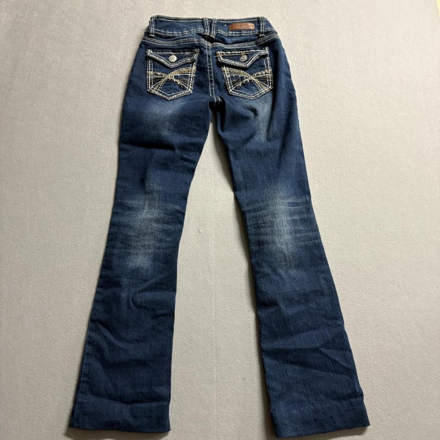 WallFlower Jeans Womens Size 0 Blue Denim Bootcut Thick Stitch Flap Pocket