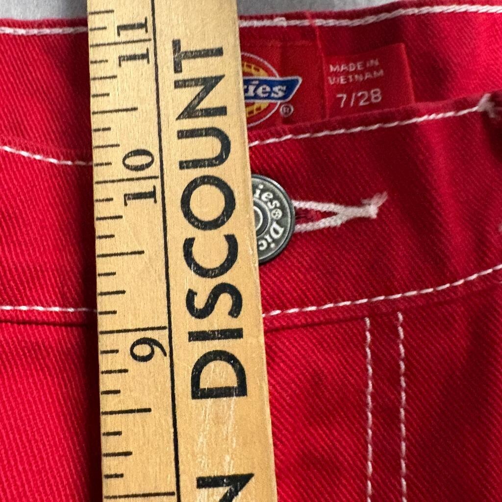 Dickies Girl Carpenter Jeans Womens Size 7/28 Red Denim White Contrast Stitch