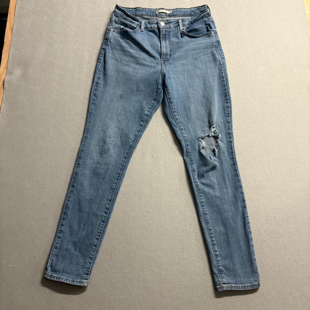 Levis 721 High Rise Skinny Jeans Womens 32 Blue Distressed Ripped Denim