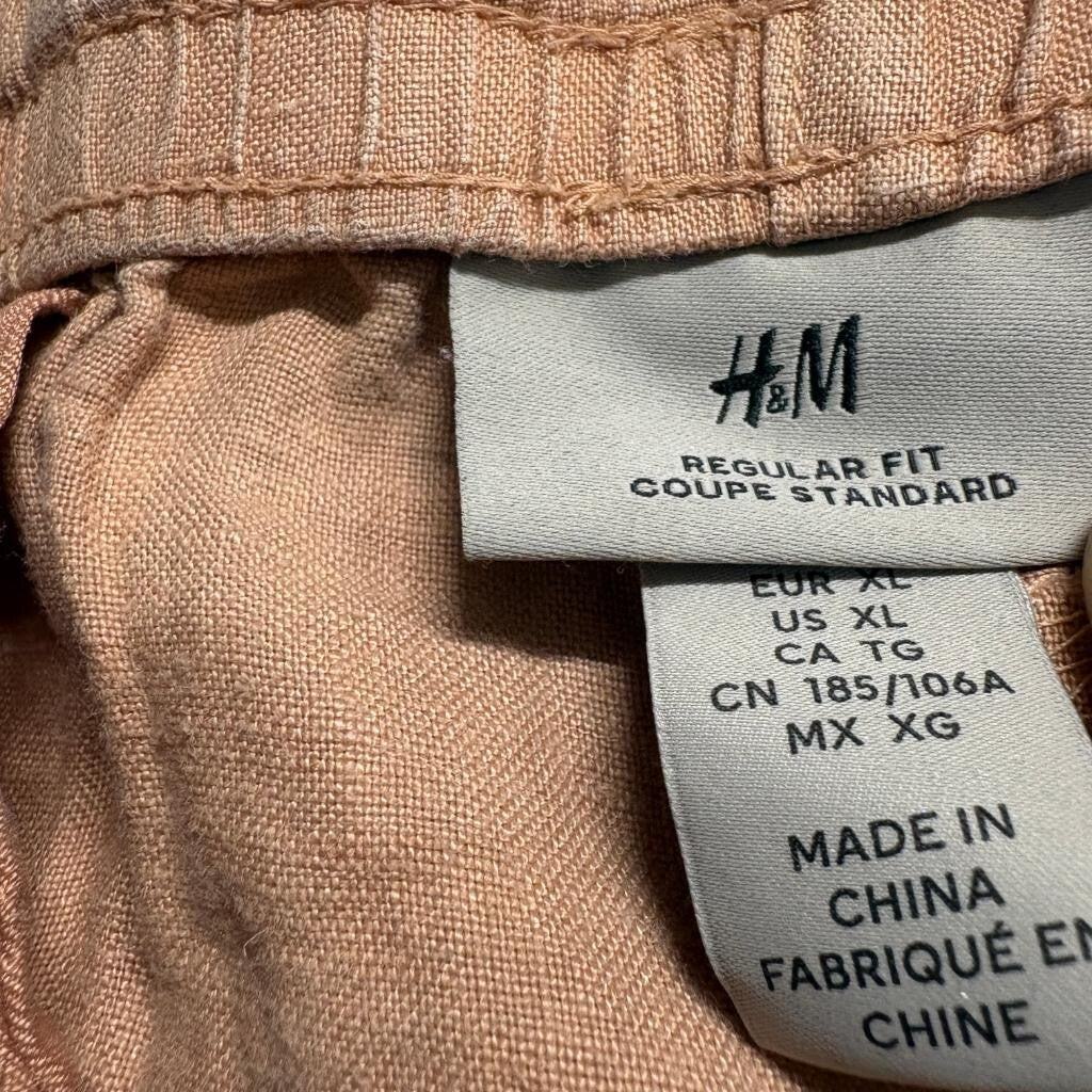H&M 100% Linen Pants Womens XL Brown Elastic Waist Regular Fit Casual