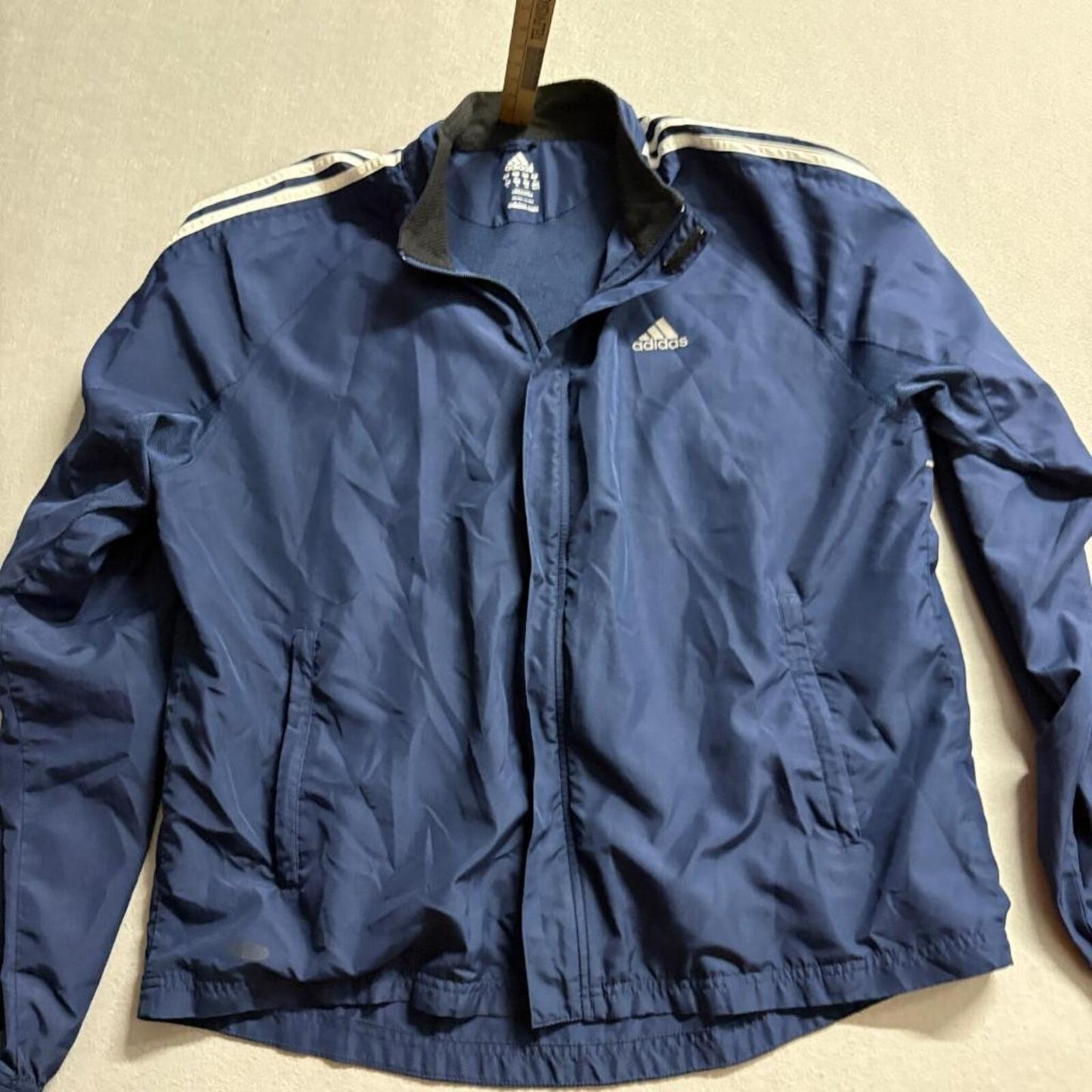 Adidas Windbreaker Jacket Mens XL Navy Blue 3 Stripe Full Zip Mesh Lined