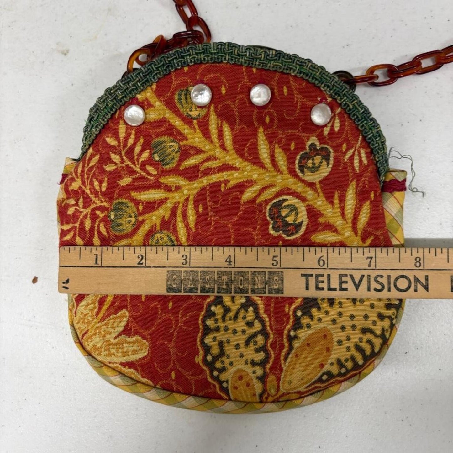 Vintage Handmade Fabric Purse Red Yellow Floral Pattern Tortoiseshell Chain