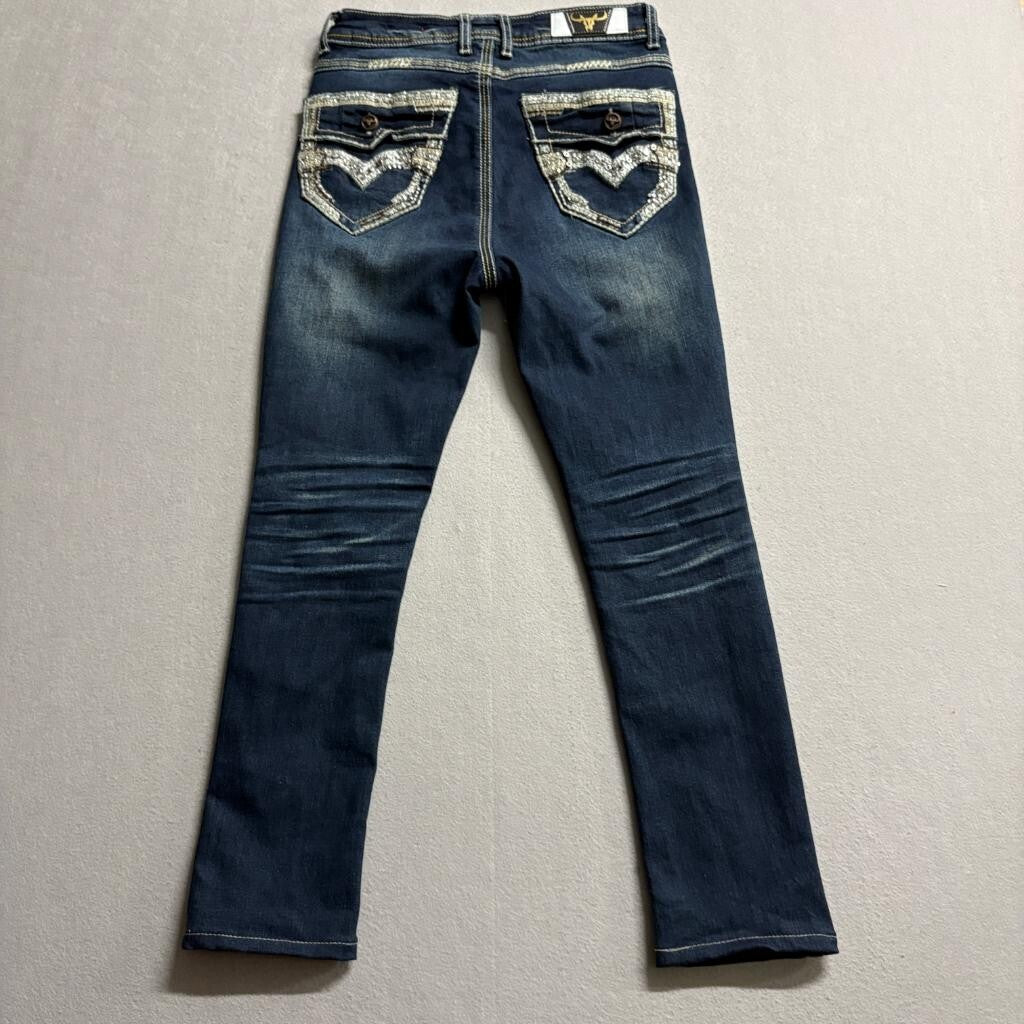 Platini Boot Cut Jeans Mens Size 11 Blue Distressed Thick Stitch Embroidered