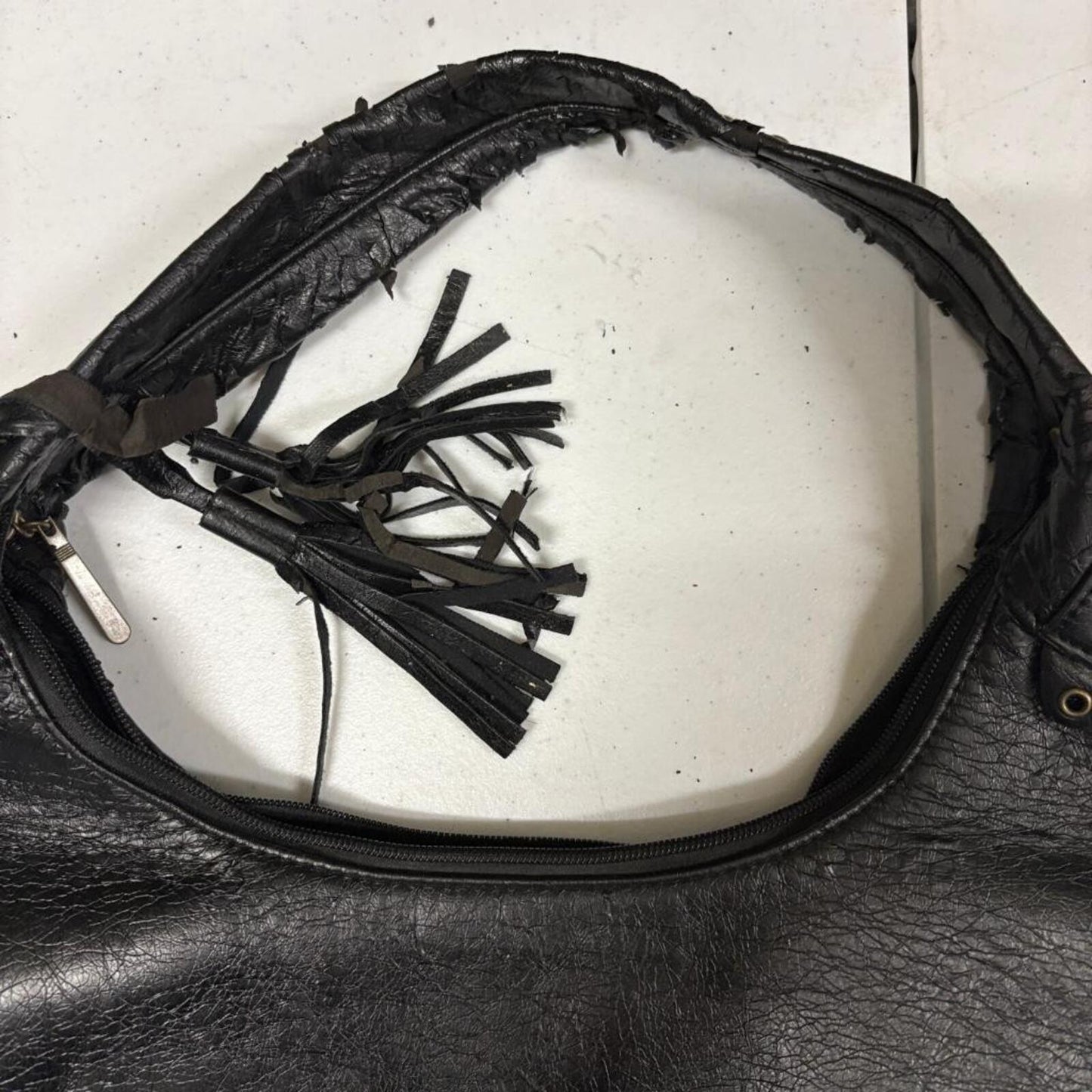 Vintage Black Faux Leather Hobo Bag Studded Grommet Lace Up Fringe Punk Goth