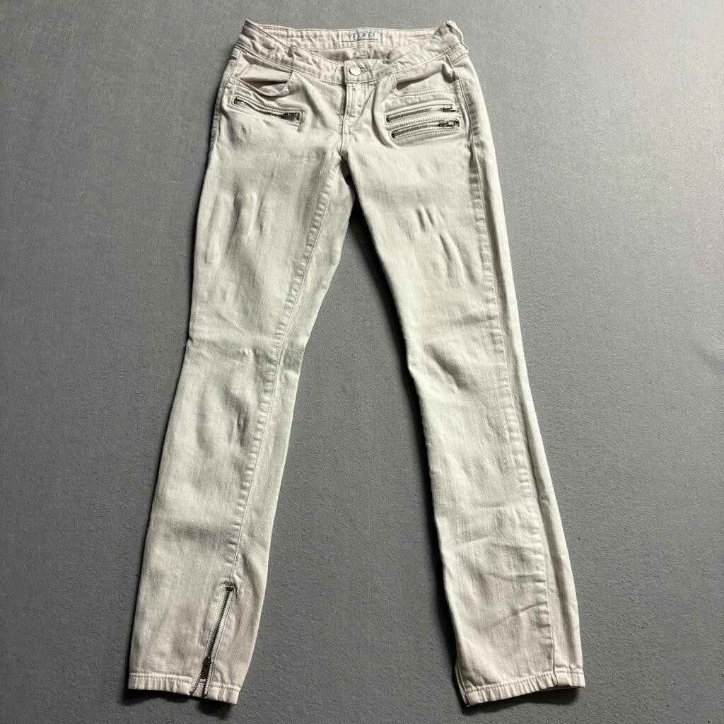 Guess Skinny Moto Jeans Womens 25 Beige Off White Ankle Zip Multi Pocket Low