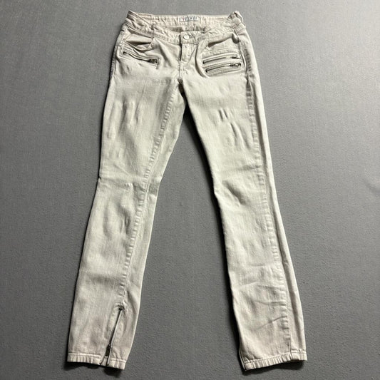 Guess Skinny Moto Jeans Womens 25 Beige Off White Ankle Zip Multi Pocket Low