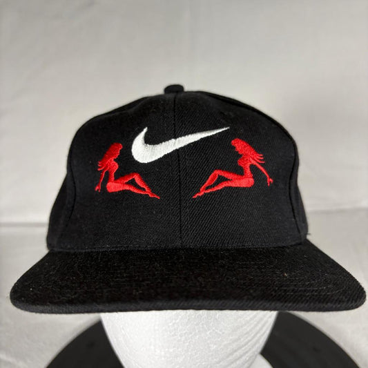 Vintage Kee and Ed Mudflap Girl Swoosh Snapback Hat Mens Black Wool Blend Cap