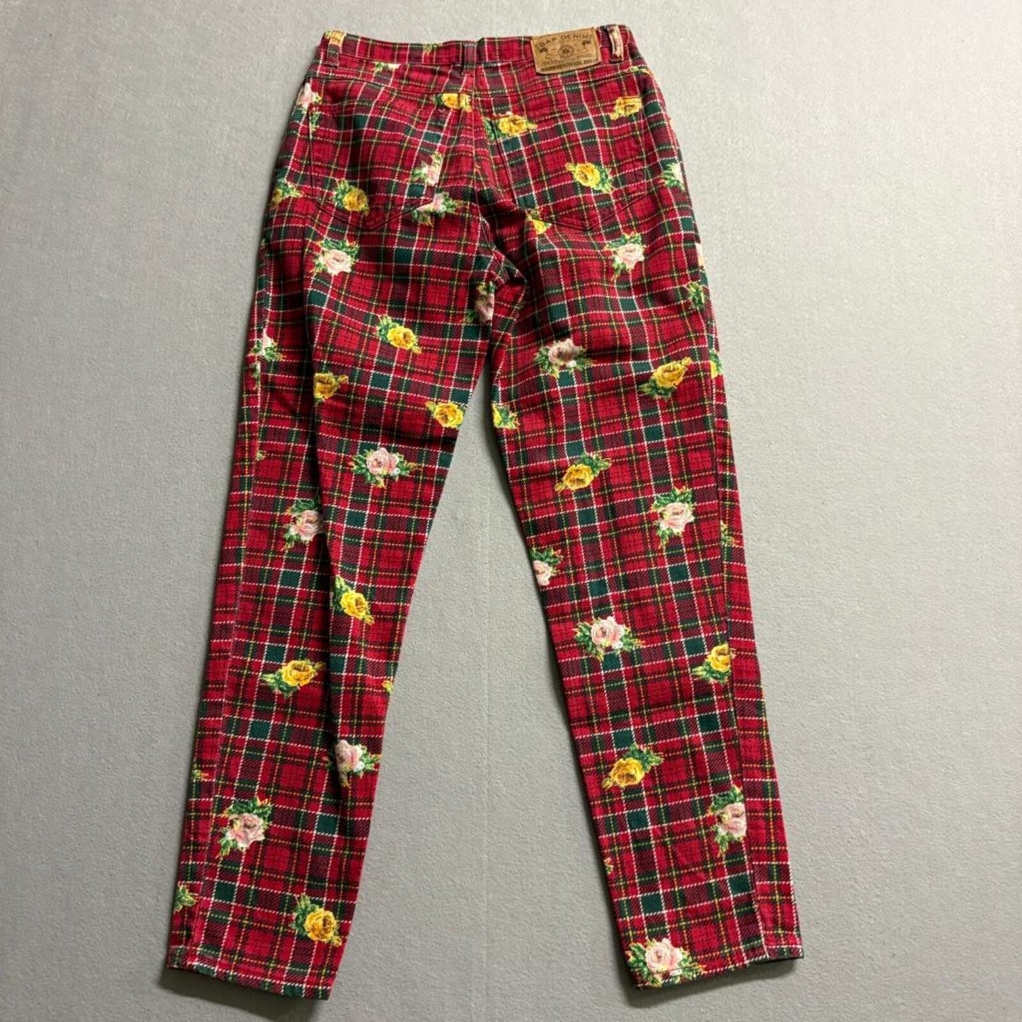 Vintage Gap Denim Plaid Floral Jeans Womens 26 Red Tartan Rose Print 90s
