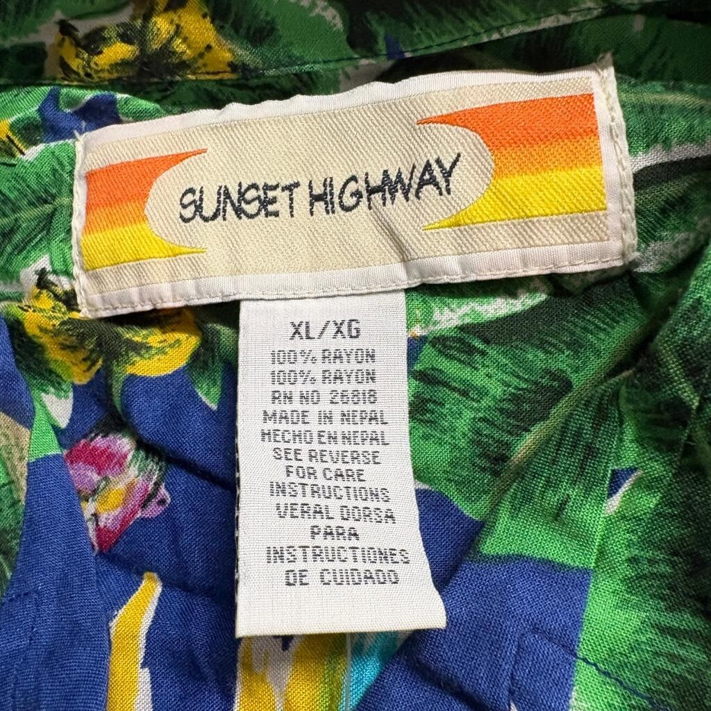 Sunset Highway Hawaiian Shirt Mens XL Blue Rayon Tropical Parrot Sunset Beach