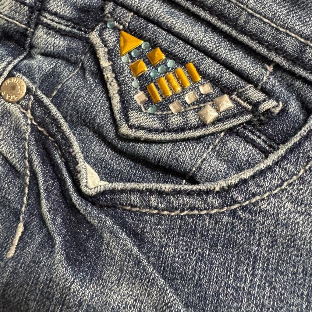 Vanilla Star Jeans Womens 9 Blue Denim Embellished Studded Flap Pocket Bootcut