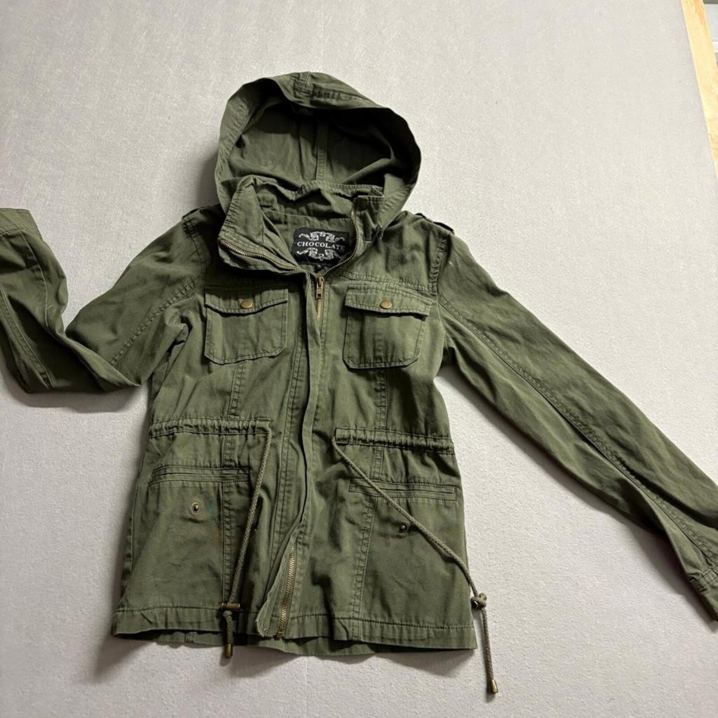 Chocolate USA Womens Utility Jacket Size S Olive Green Hooded Military Anorak