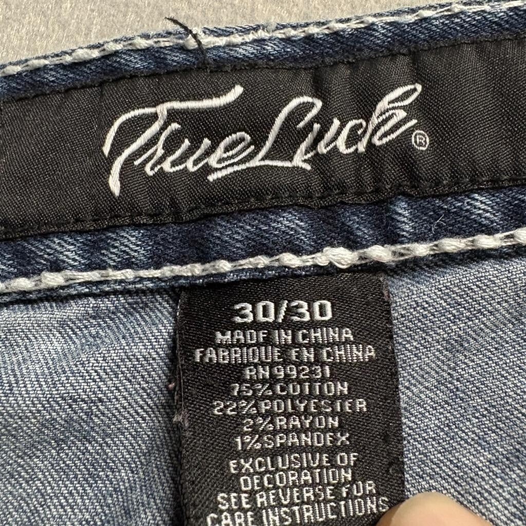 True Luck Jeans Mens 30x30 Blue Denim Thick Stitch Straight Leg Frayed Hem