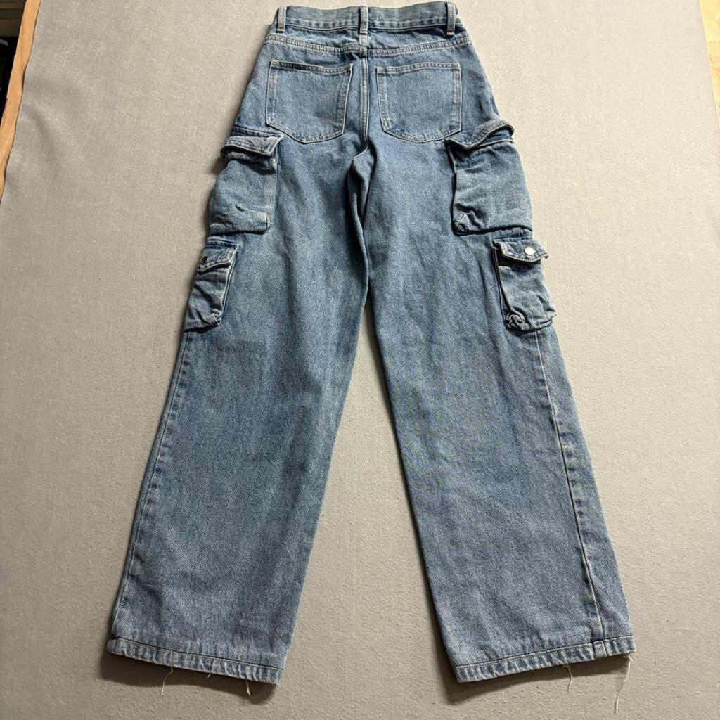 Aqua Cargo Jeans Womens XS Blue Denim Wide Leg High Rise 100% Cotton Utility