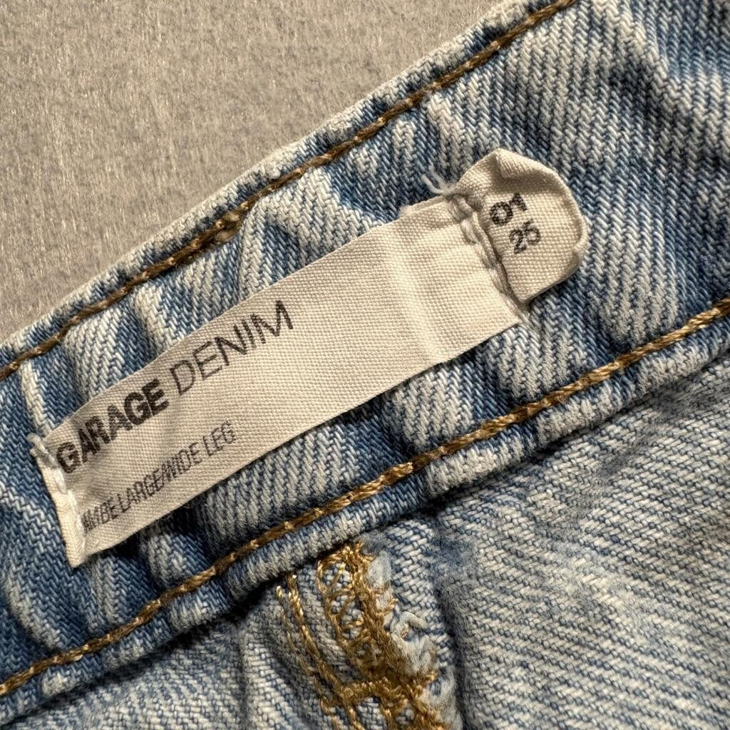 Garage Denim Wide Leg Jeans Womens 25 Light Wash Swirl Pattern Raw Hem High Rise